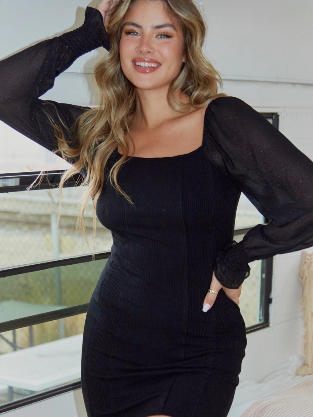 Peach Love Black Square-Neck Sheath Dress with Sheer Puff Sleeves